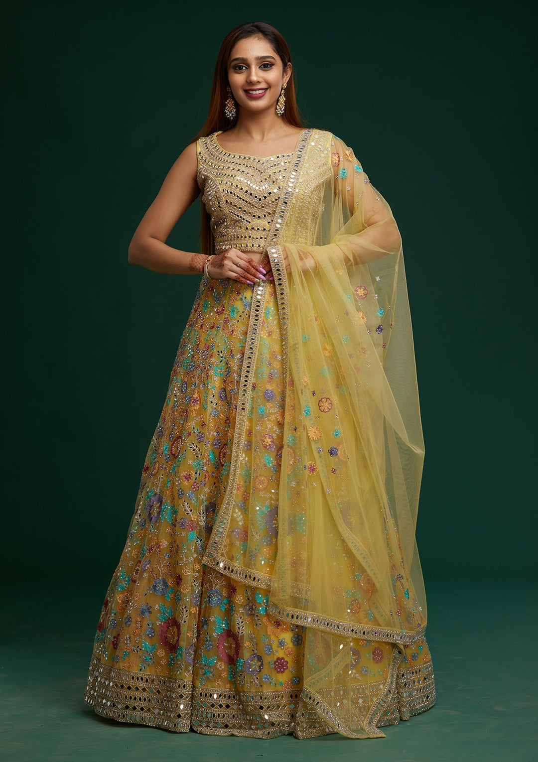 Yellow Mirrorwork Net Designer Lehenga - Koskii