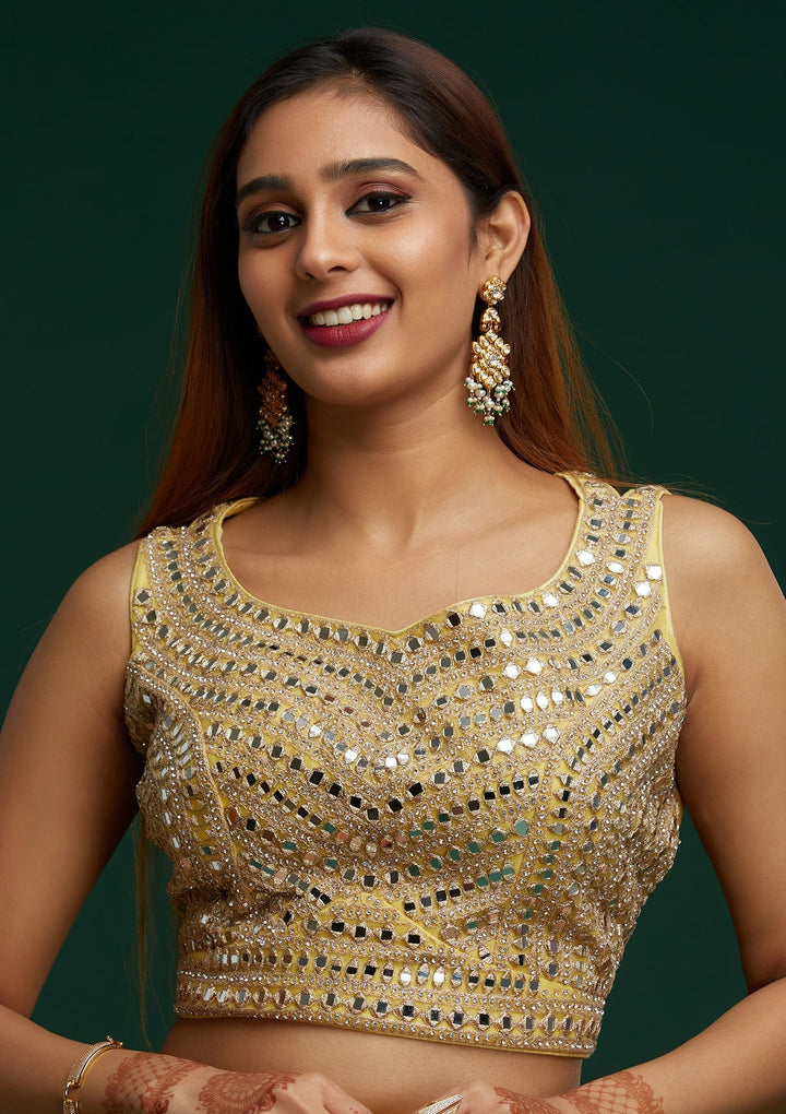 Yellow Mirrorwork Net Designer Lehenga - Koskii