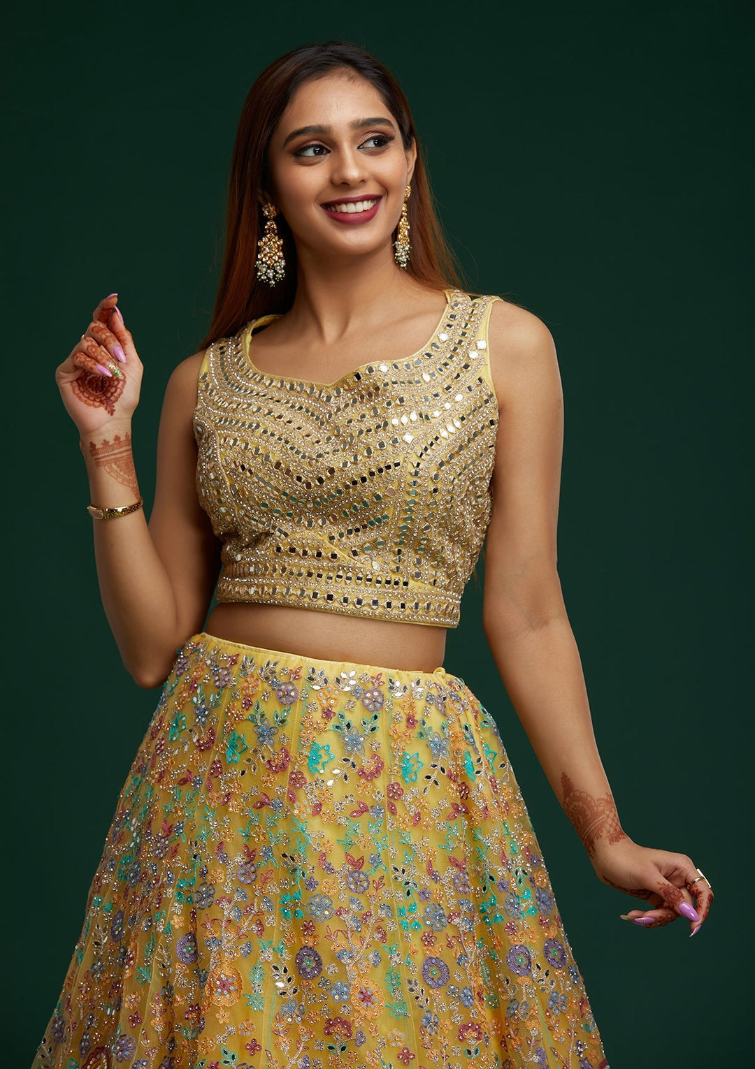 Yellow Mirrorwork Net Designer Lehenga - Koskii