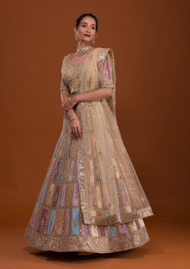 Yellow Mirrorwork Net Semi Stitched Lehenga-Koskii