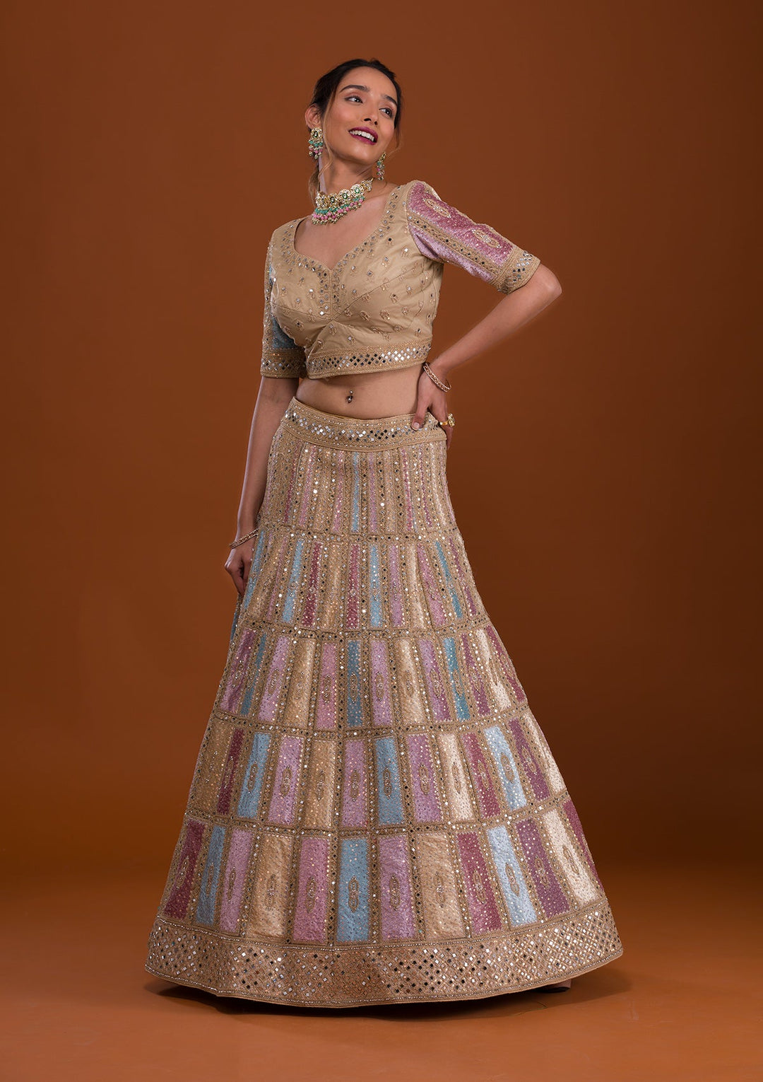 Yellow Mirrorwork Net Semi Stitched Lehenga-Koskii