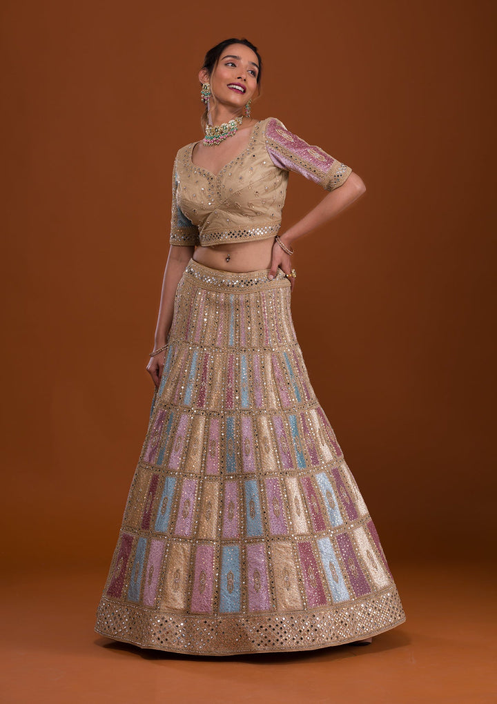 Yellow Mirrorwork Net Semi Stitched Lehenga-Koskii