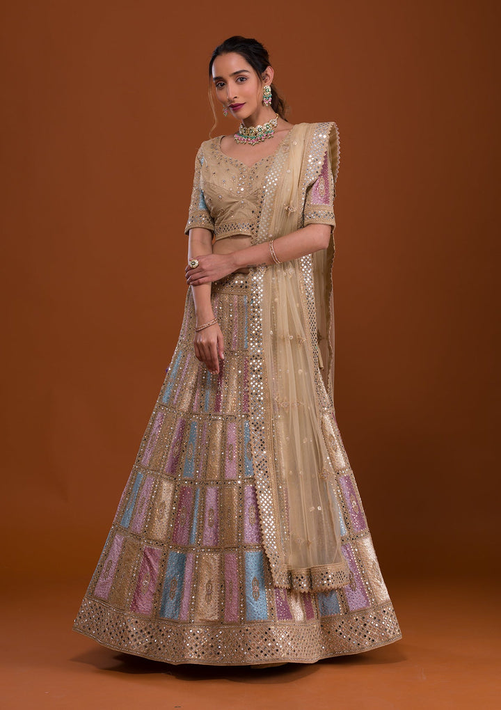Yellow Mirrorwork Net Semi Stitched Lehenga-Koskii