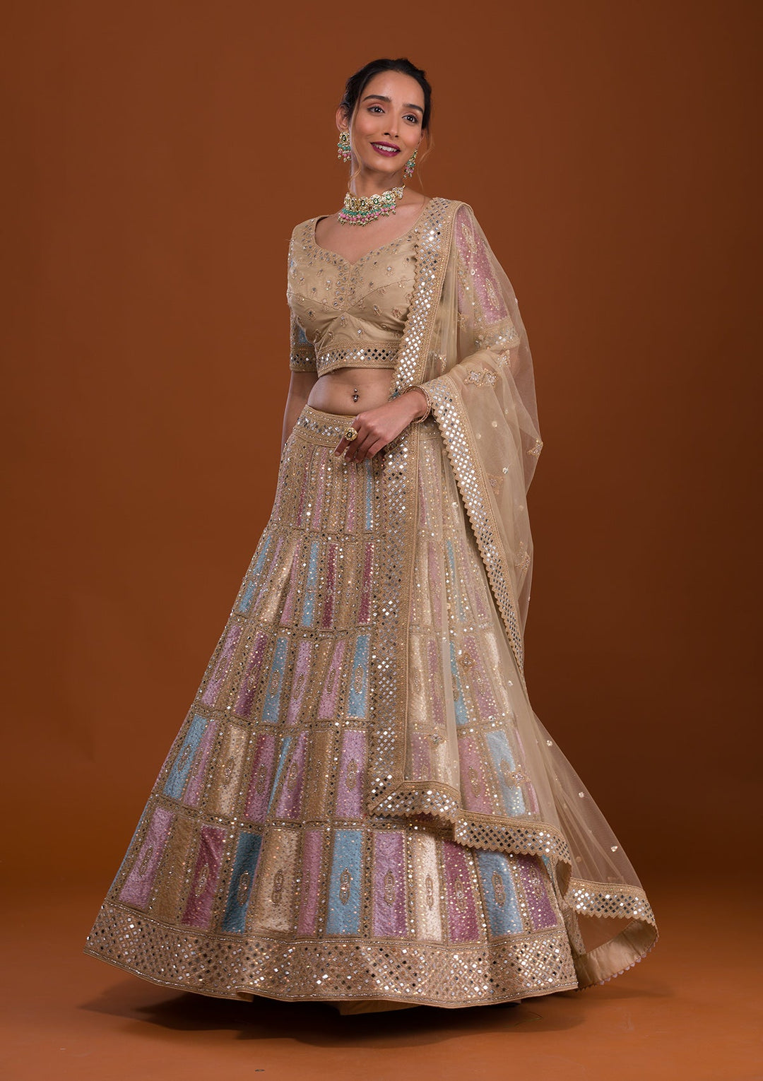 Yellow Mirrorwork Net Semi Stitched Lehenga-Koskii