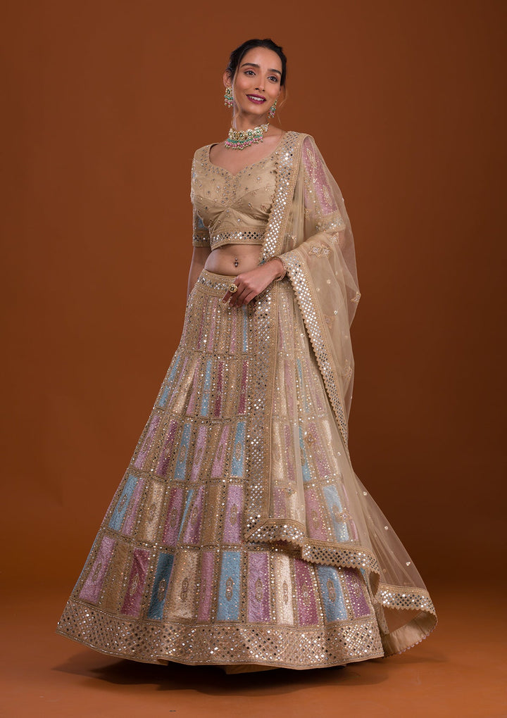 Yellow Mirrorwork Net Semi Stitched Lehenga-Koskii