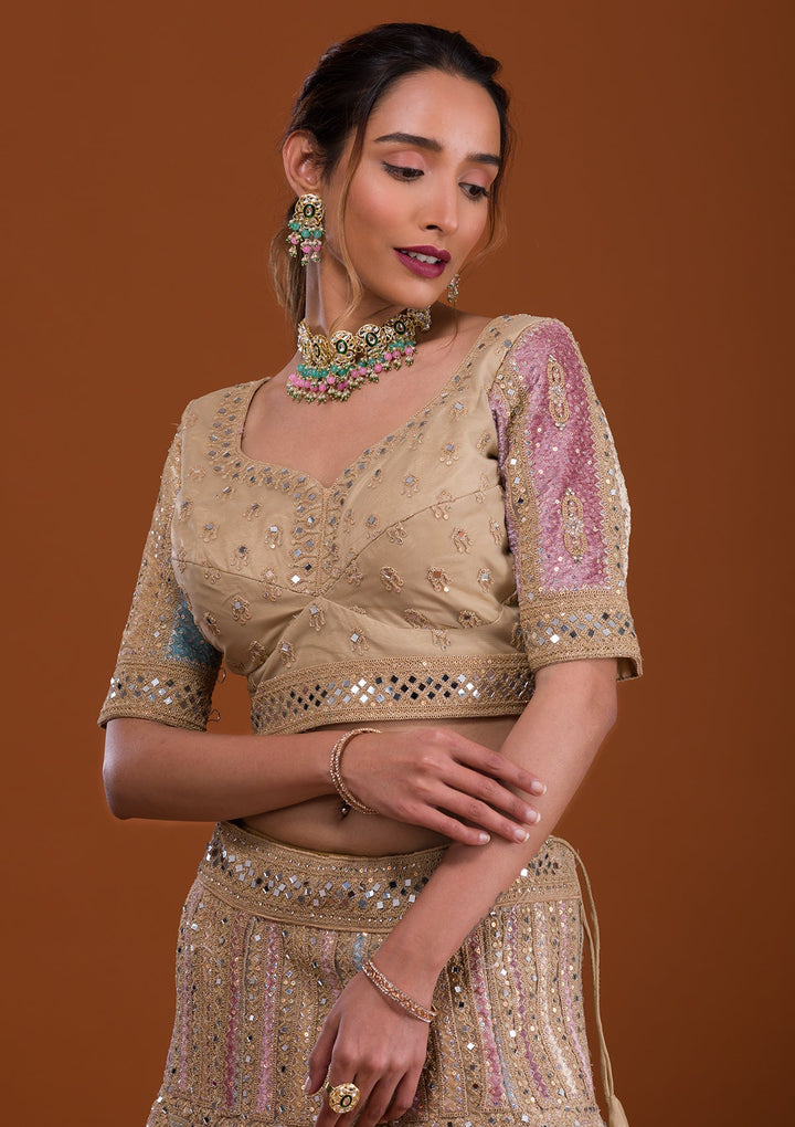 Yellow Mirrorwork Net Semi Stitched Lehenga-Koskii