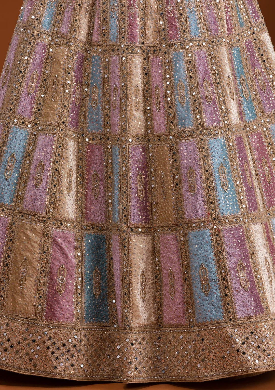 Yellow Mirrorwork Net Semi Stitched Lehenga-Koskii