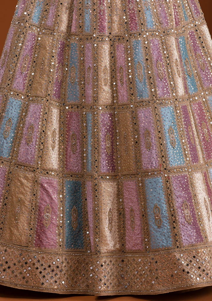 Yellow Mirrorwork Net Semi Stitched Lehenga-Koskii