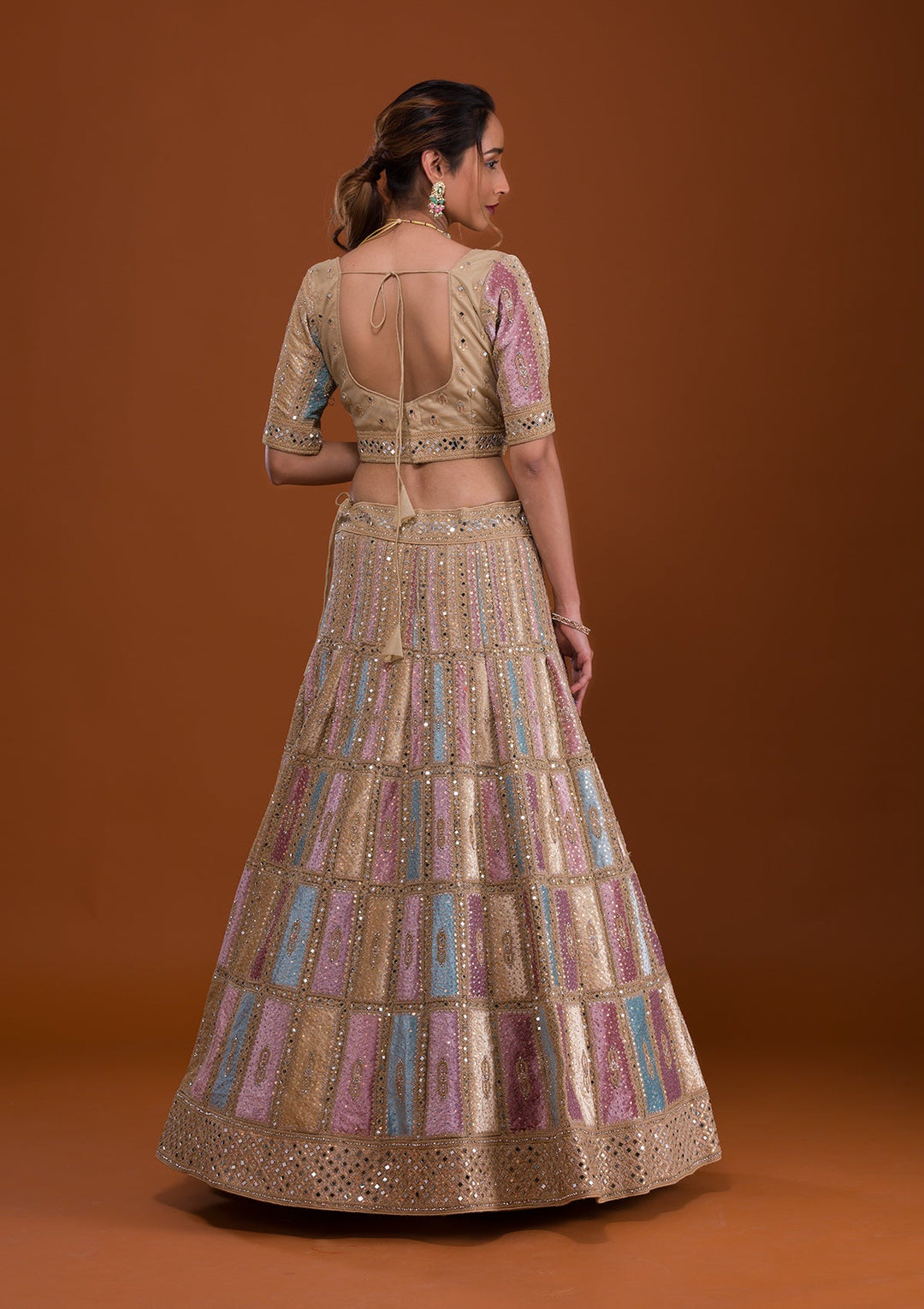 Yellow Mirrorwork Net Semi Stitched Lehenga-Koskii