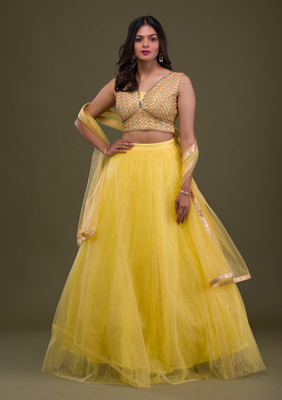 Yellow Mirrorwork Net Readymade Lehenga-Koskii