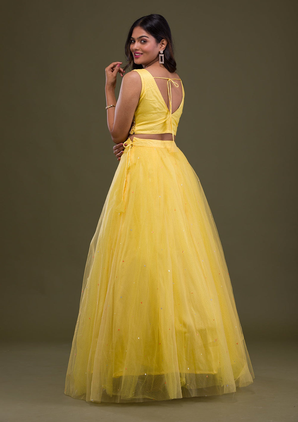 Yellow Mirrorwork Net Readymade Lehenga-Koskii