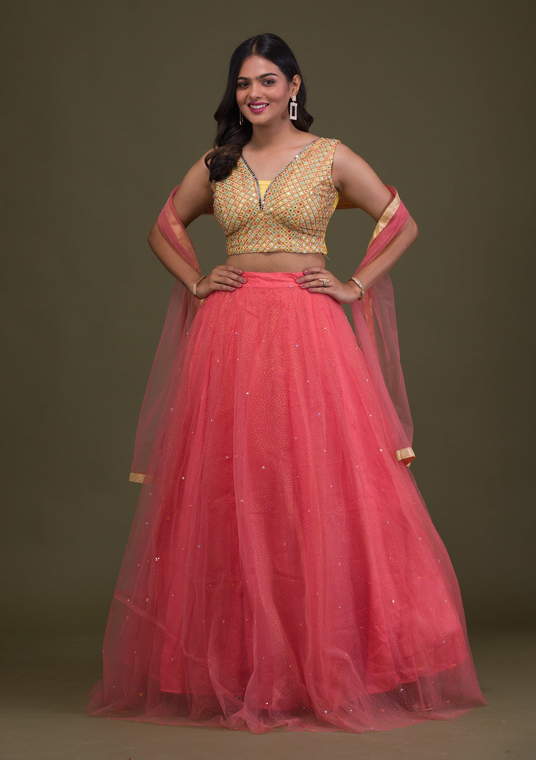 Yellow Mirrorwork Net Readymade Lehenga-Koskii