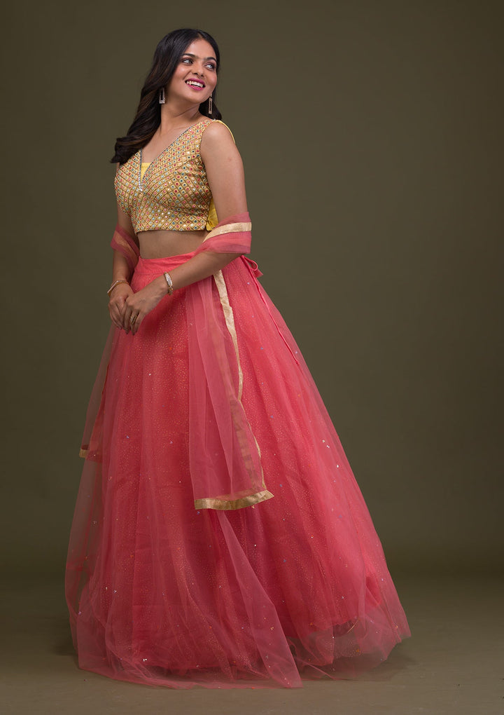 Yellow Mirrorwork Net Readymade Lehenga-Koskii