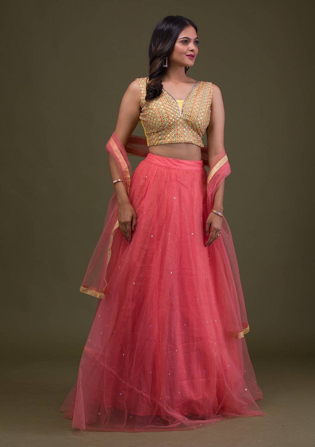 Yellow Mirrorwork Net Readymade Lehenga-Koskii