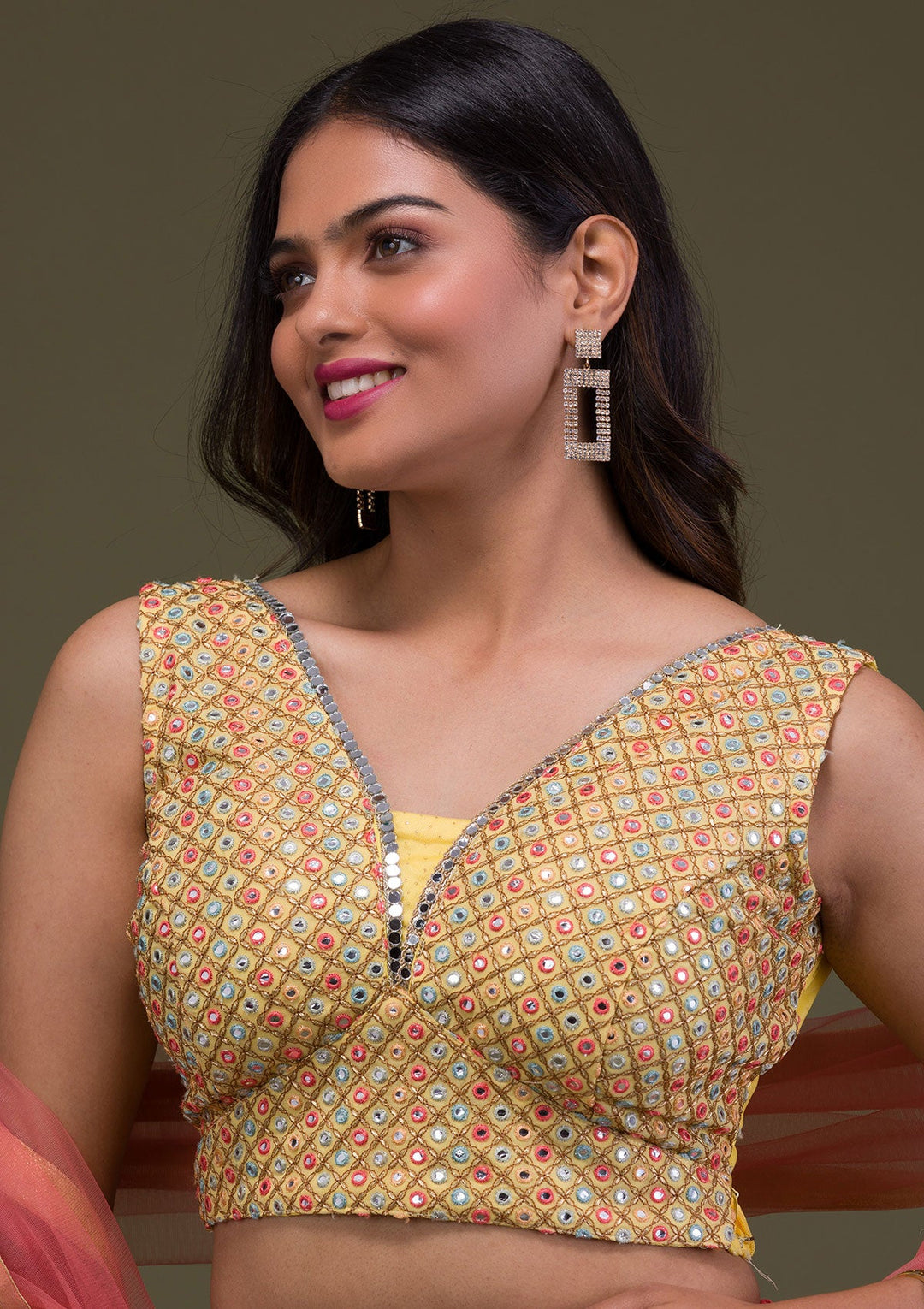 Yellow Mirrorwork Net Readymade Lehenga-Koskii