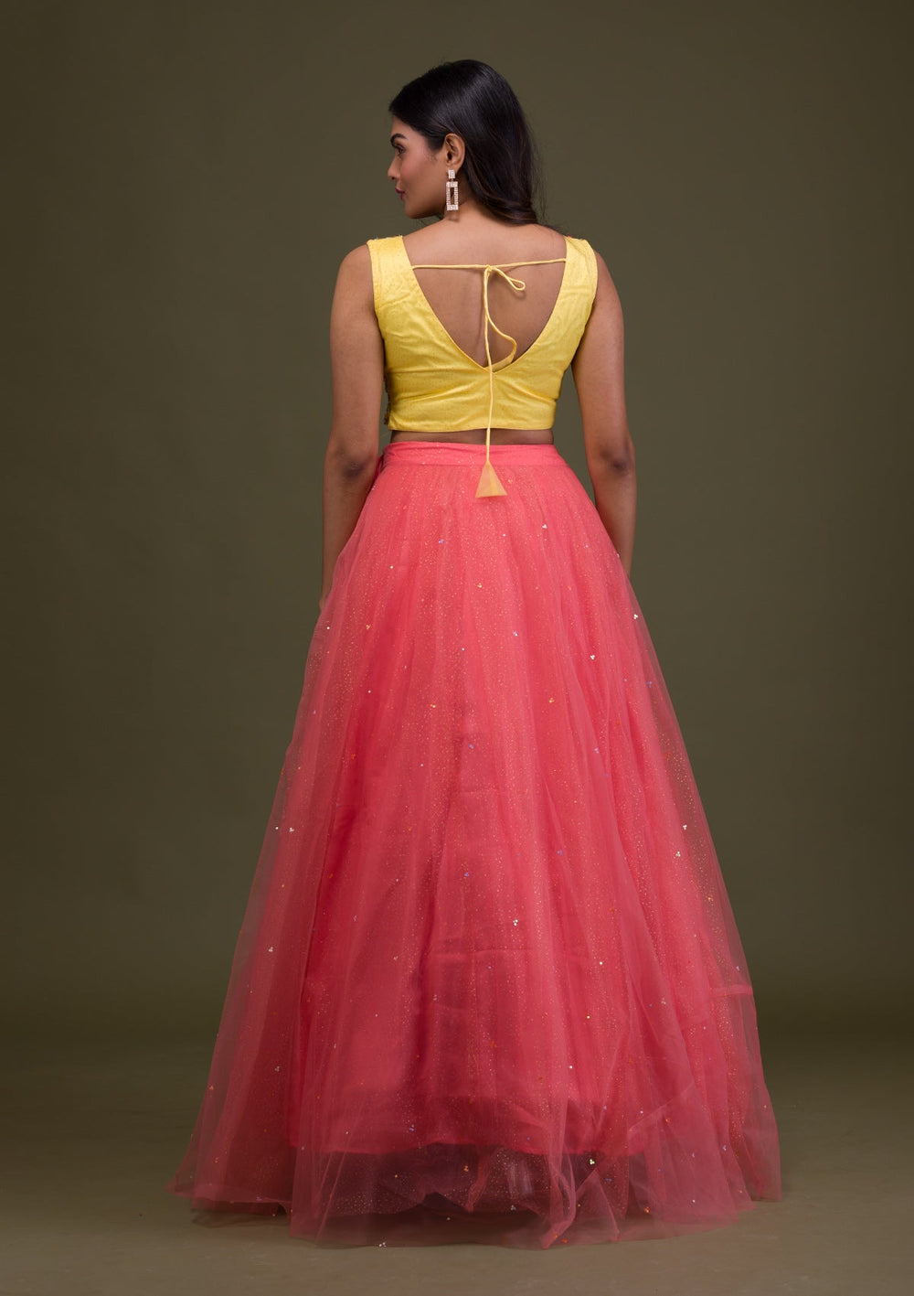 Yellow Mirrorwork Net Readymade Lehenga-Koskii
