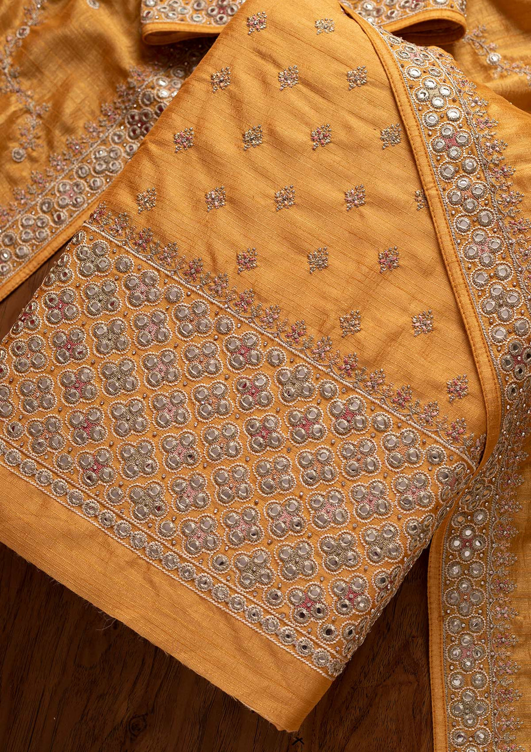 Yellow Mirrorwork Raw Silk Designer Unstitched Salwar Suit - koskii