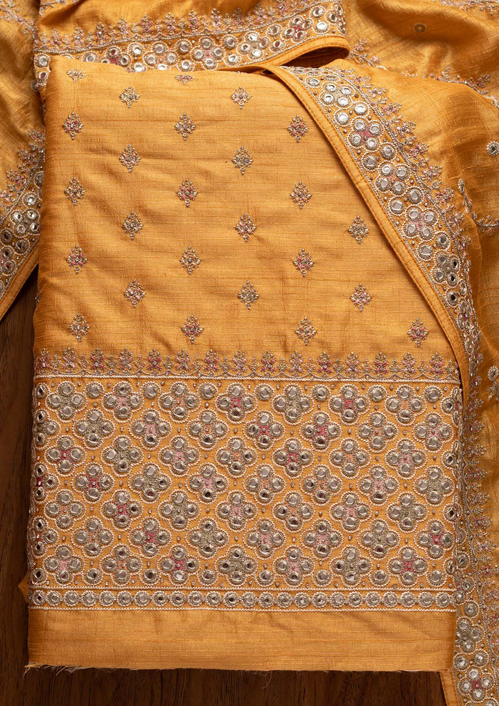 Yellow Mirrorwork Raw Silk Designer Unstitched Salwar Suit - koskii