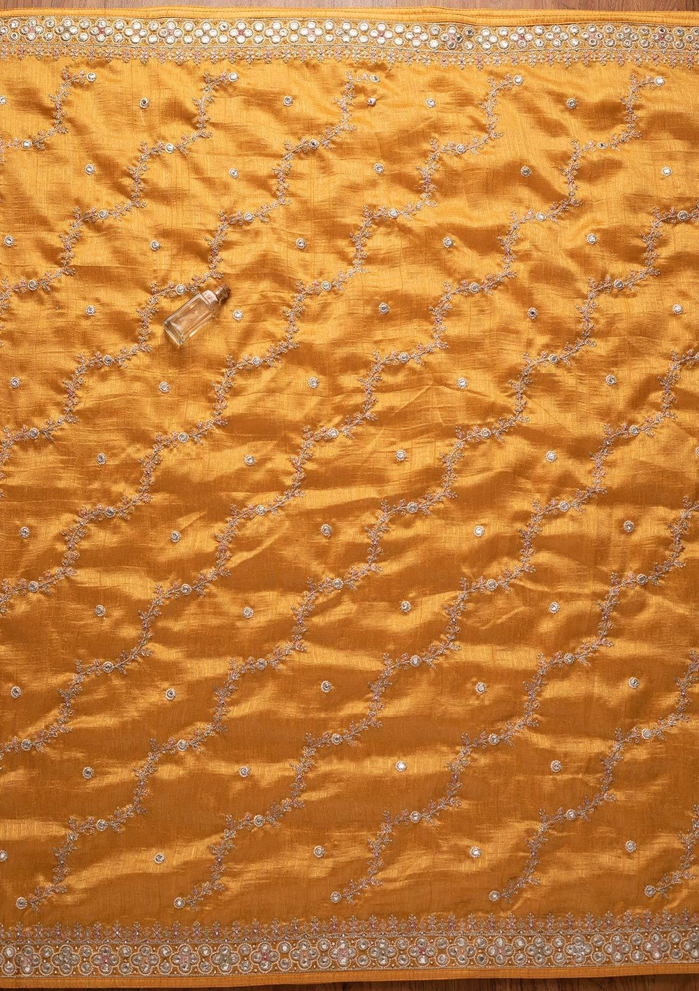 Yellow Mirrorwork Raw Silk Designer Unstitched Salwar Suit - koskii