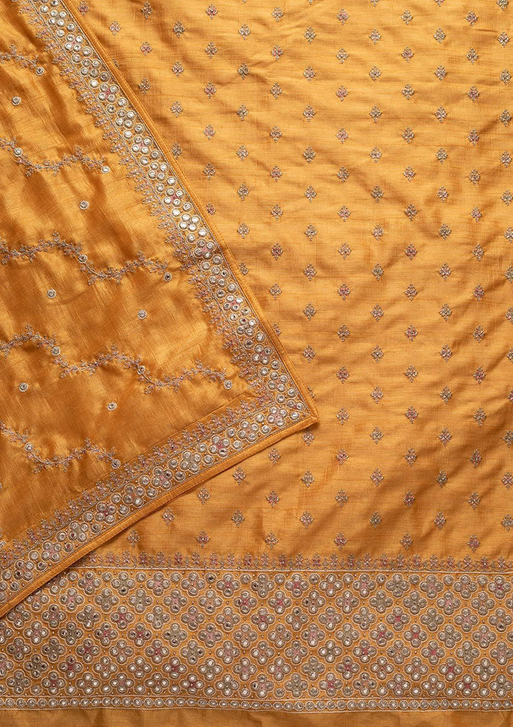 Yellow Mirrorwork Raw Silk Designer Unstitched Salwar Suit - koskii