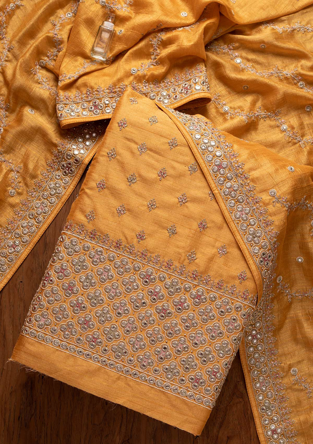 Yellow Mirrorwork Raw Silk Designer Unstitched Salwar Suit - koskii