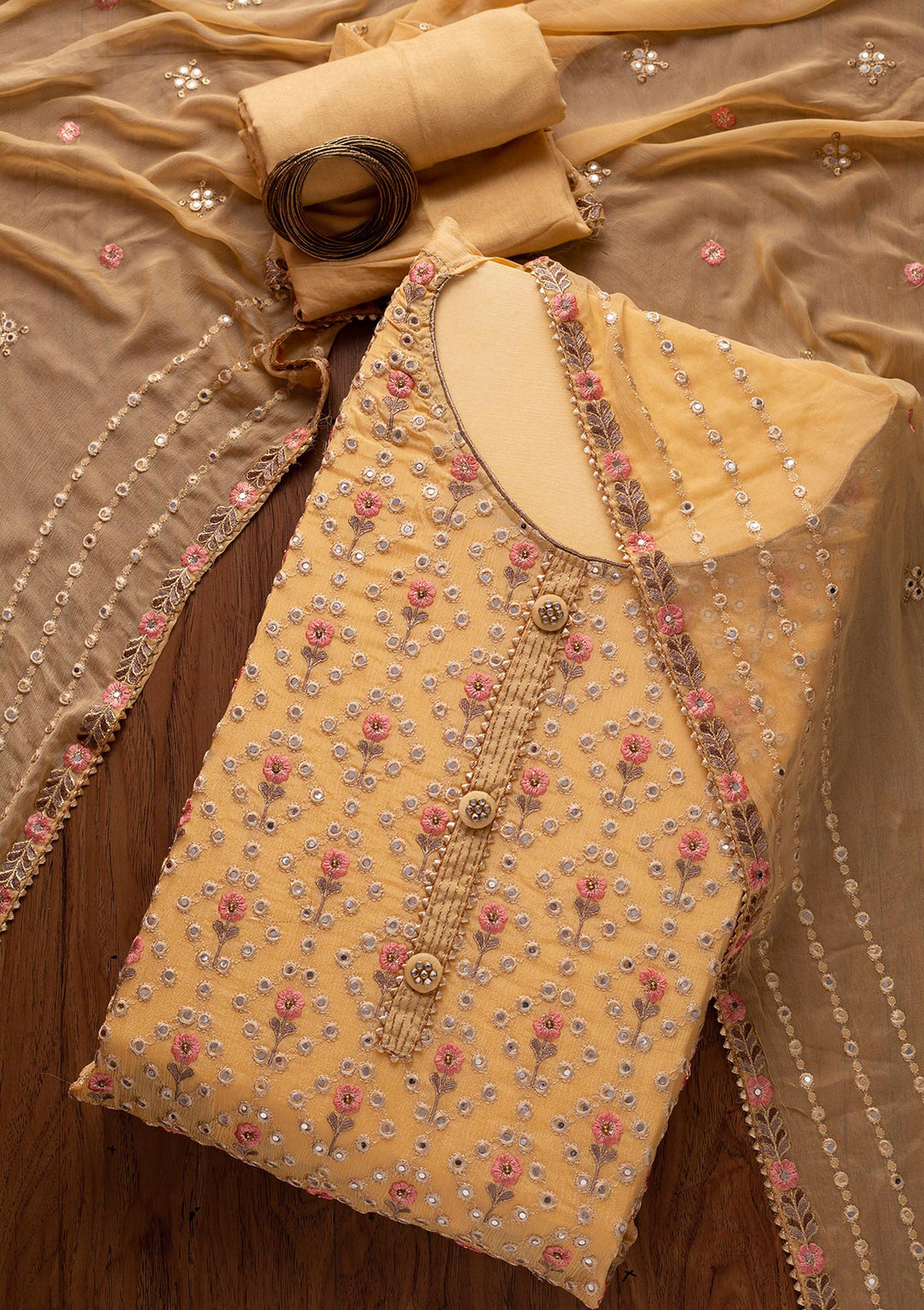 Yellow Mirrorwork Semi Crepe Designer Semi-Stitched Salwar Suit - koskii