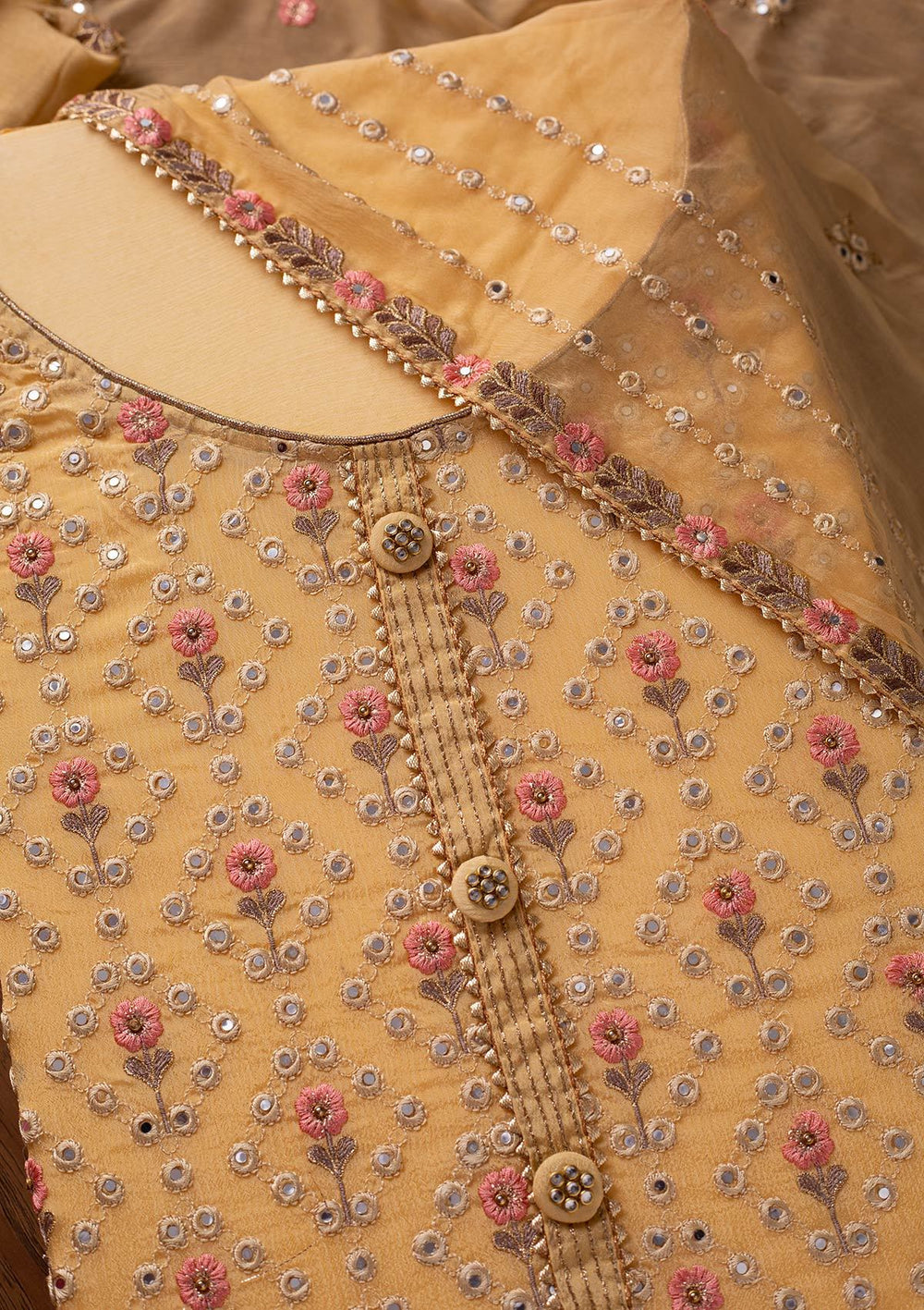 Yellow Mirrorwork Semi Crepe Designer Semi-Stitched Salwar Suit - koskii