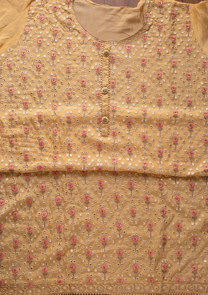Yellow Mirrorwork Semi Crepe Designer Semi-Stitched Salwar Suit - koskii