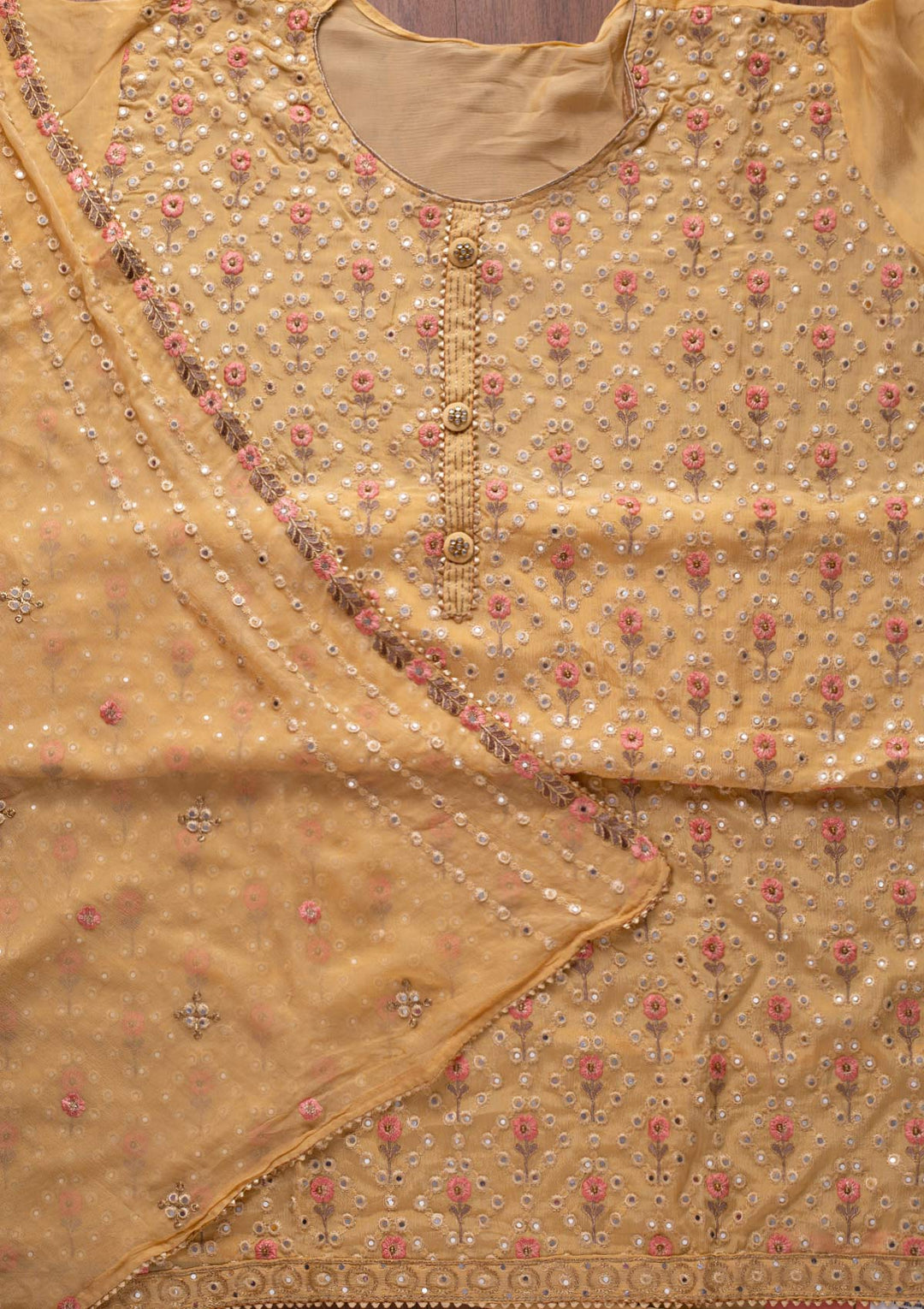 Yellow Mirrorwork Semi Crepe Designer Semi-Stitched Salwar Suit - koskii