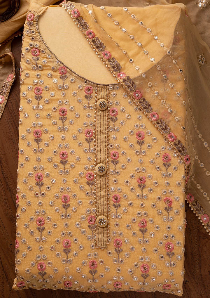 Yellow Mirrorwork Semi Crepe Designer Semi-Stitched Salwar Suit - koskii