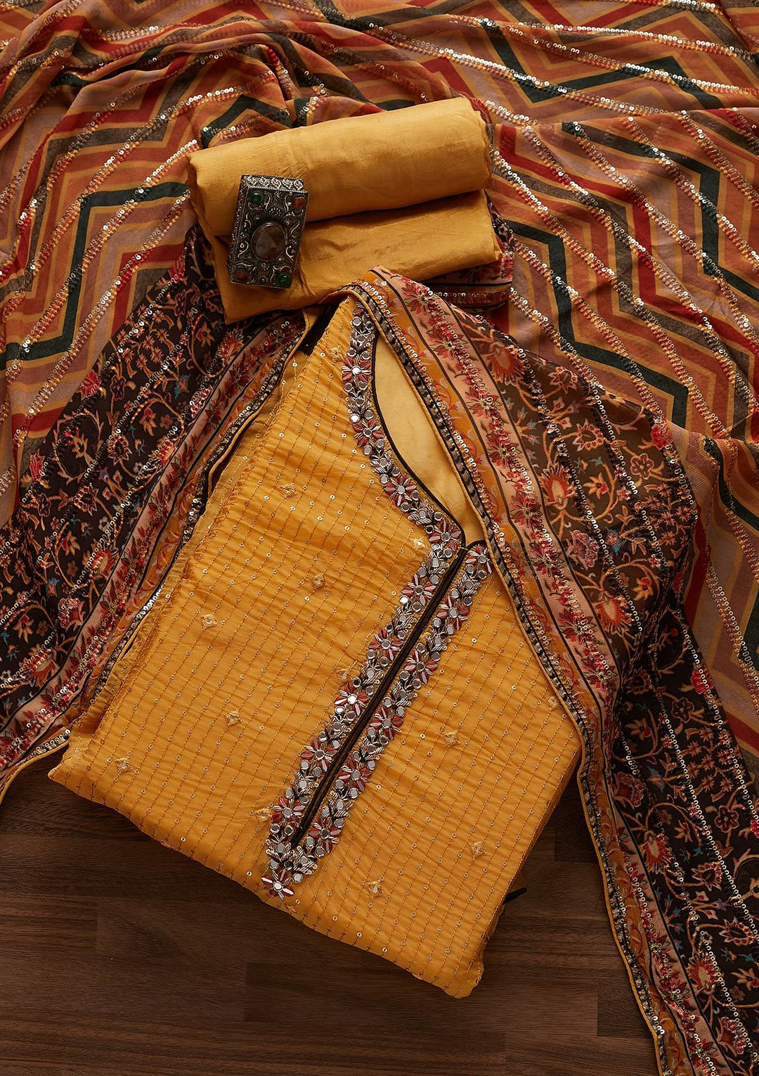 Yellow Mirrorwork Semi Crepe Designer Semi-Stitched Salwar Suit - Koskii