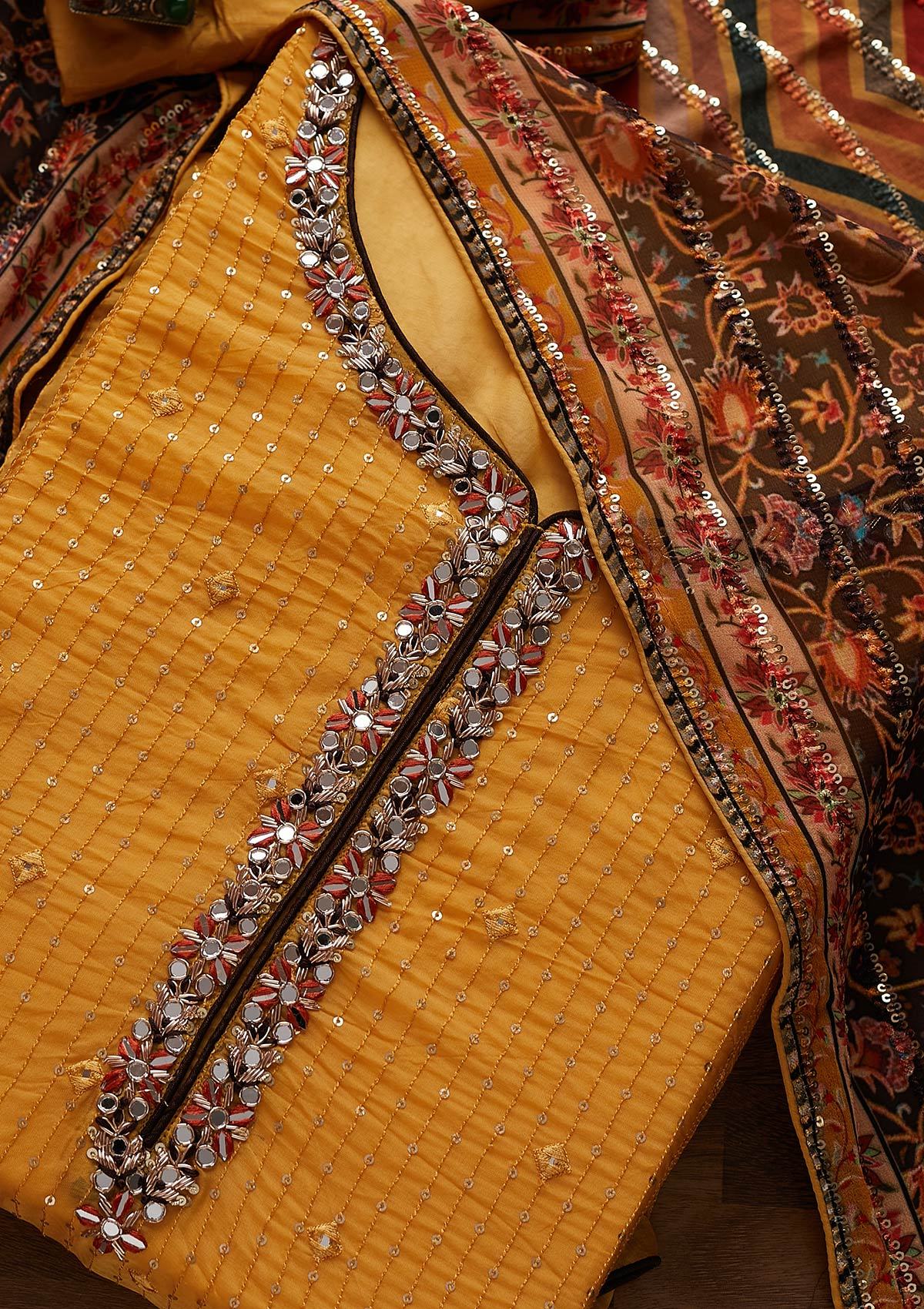 Yellow Mirrorwork Semi Crepe Designer Semi-Stitched Salwar Suit - Koskii