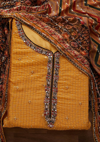 Yellow Mirrorwork Semi Crepe Designer Semi-Stitched Salwar Suit - Koskii