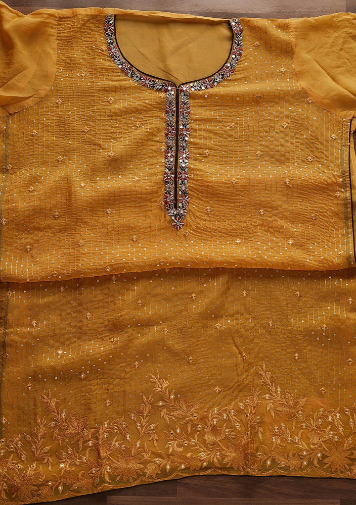 Yellow Mirrorwork Semi Crepe Designer Semi-Stitched Salwar Suit - Koskii