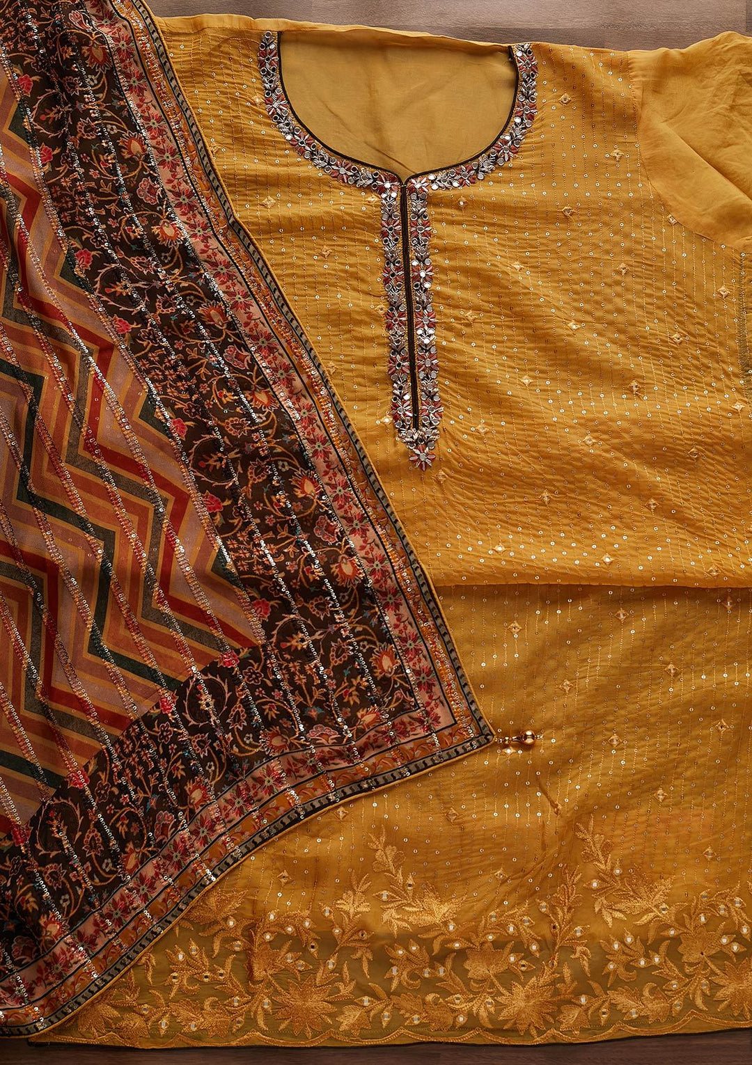 Yellow Mirrorwork Semi Crepe Designer Semi-Stitched Salwar Suit - Koskii