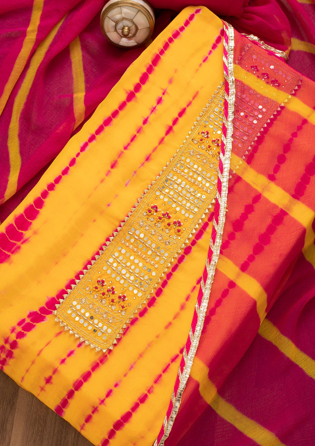Yellow Mirrorwork Semi Crepe Unstitched Salwar Kameez-Koskii