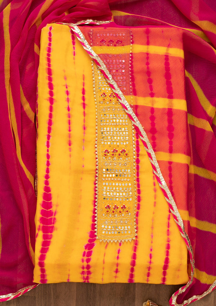 Yellow Mirrorwork Semi Crepe Unstitched Salwar Kameez-Koskii
