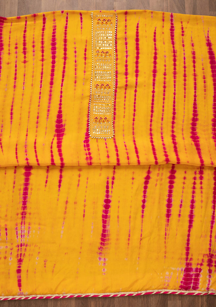 Yellow Mirrorwork Semi Crepe Unstitched Salwar Kameez-Koskii