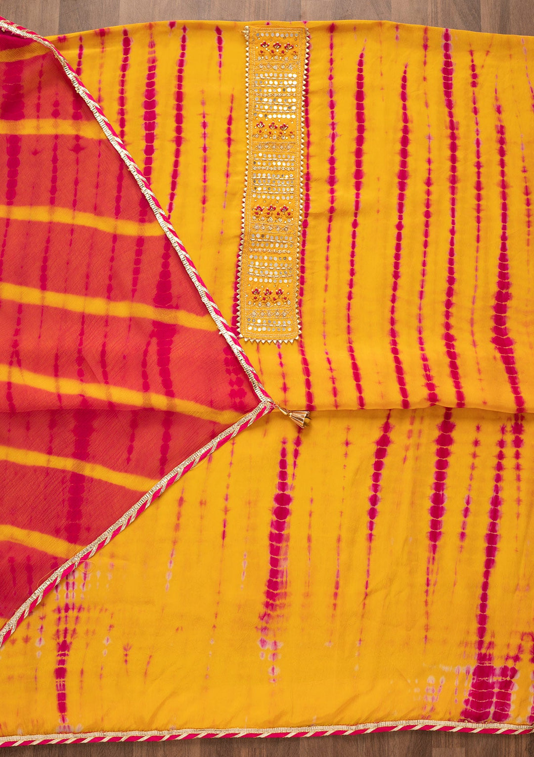 Yellow Mirrorwork Semi Crepe Unstitched Salwar Kameez-Koskii