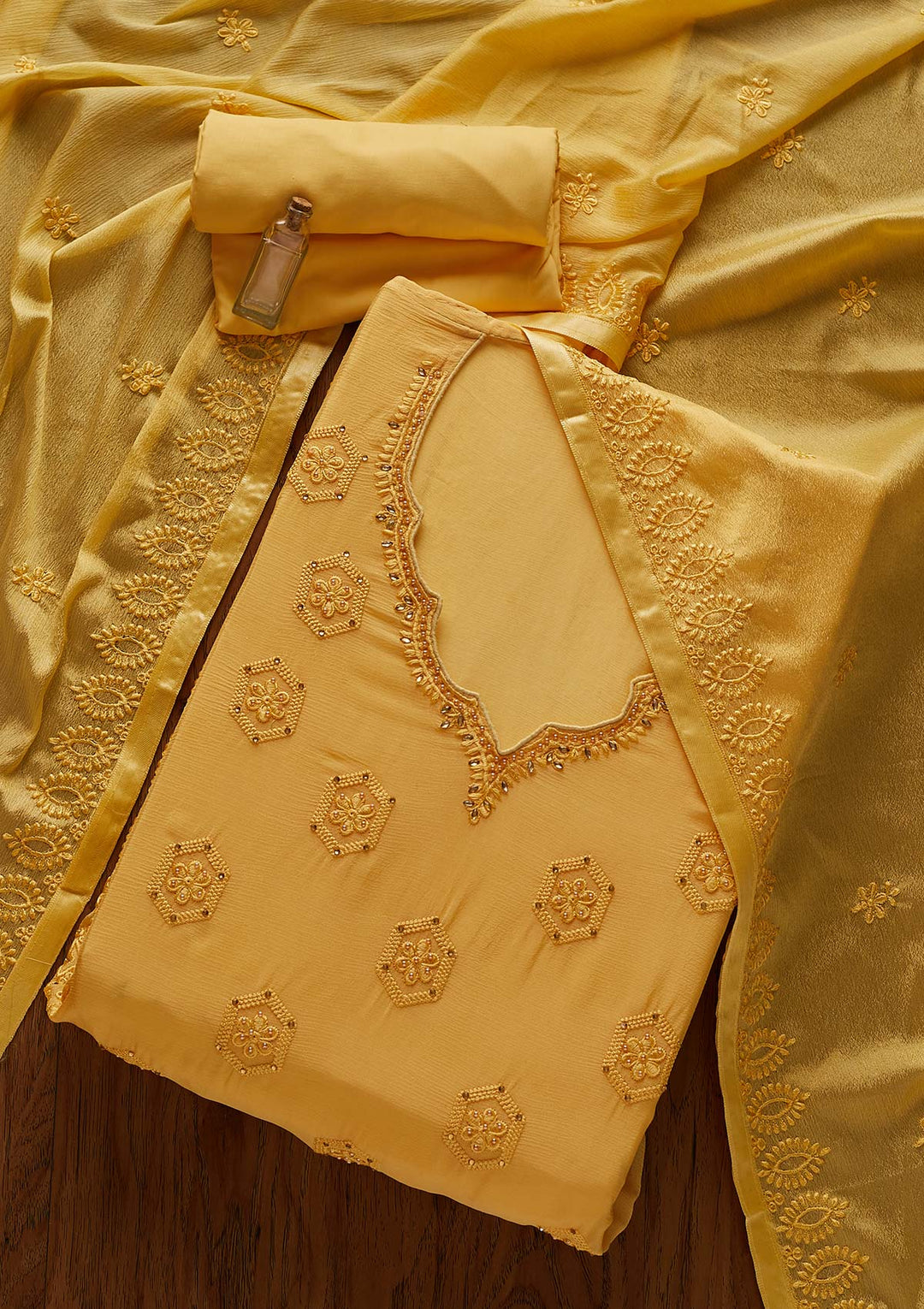 Yellow Pearlwork Chiffon Designer Unstitched Salwar Suit - Koskii