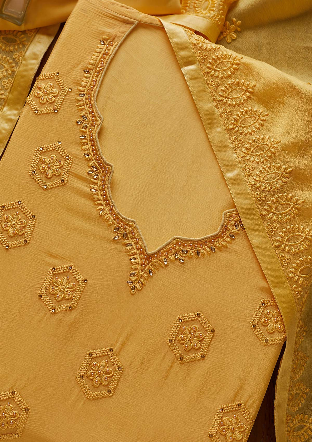 Yellow Pearlwork Chiffon Designer Unstitched Salwar Suit - Koskii