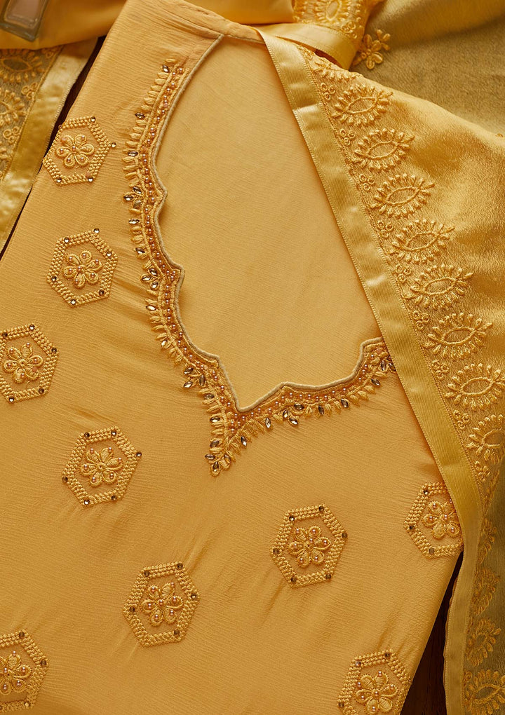 Yellow Pearlwork Chiffon Designer Unstitched Salwar Suit - Koskii