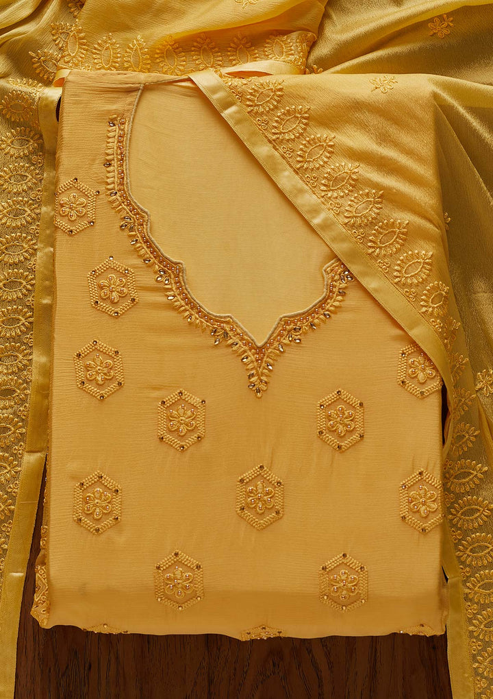 Yellow Pearlwork Chiffon Designer Unstitched Salwar Suit - Koskii