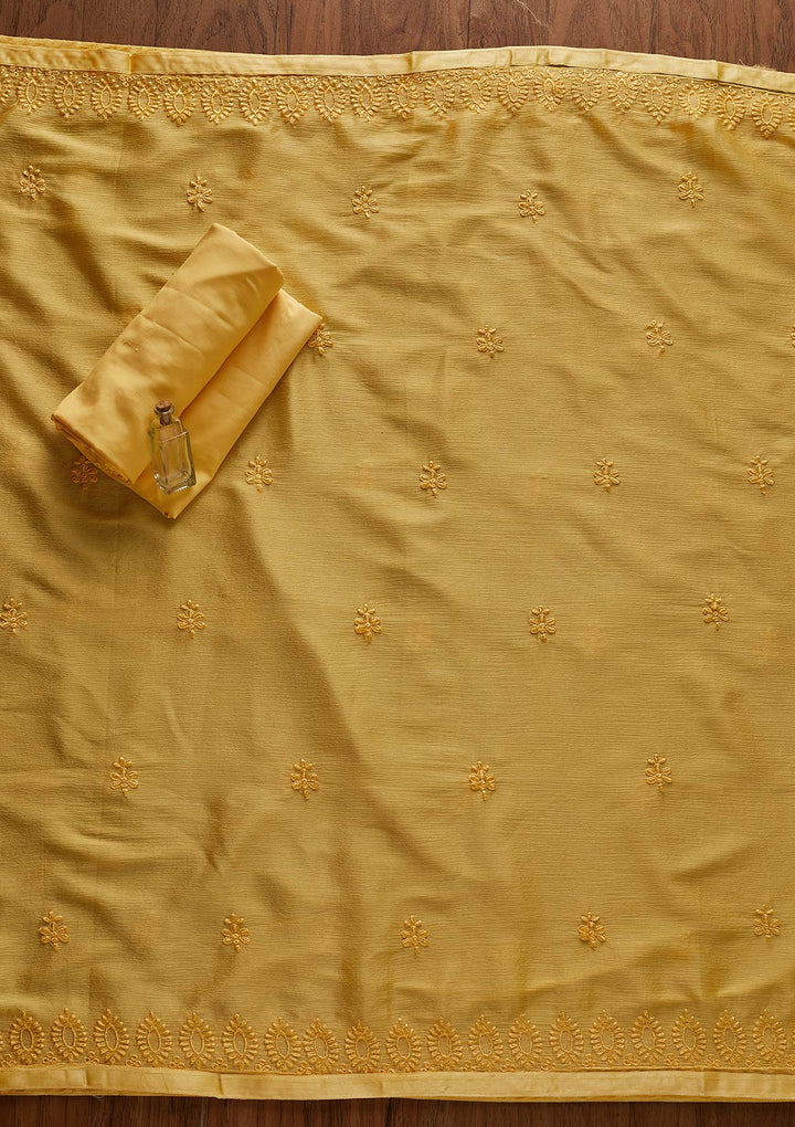 Yellow Pearlwork Chiffon Designer Unstitched Salwar Suit - Koskii