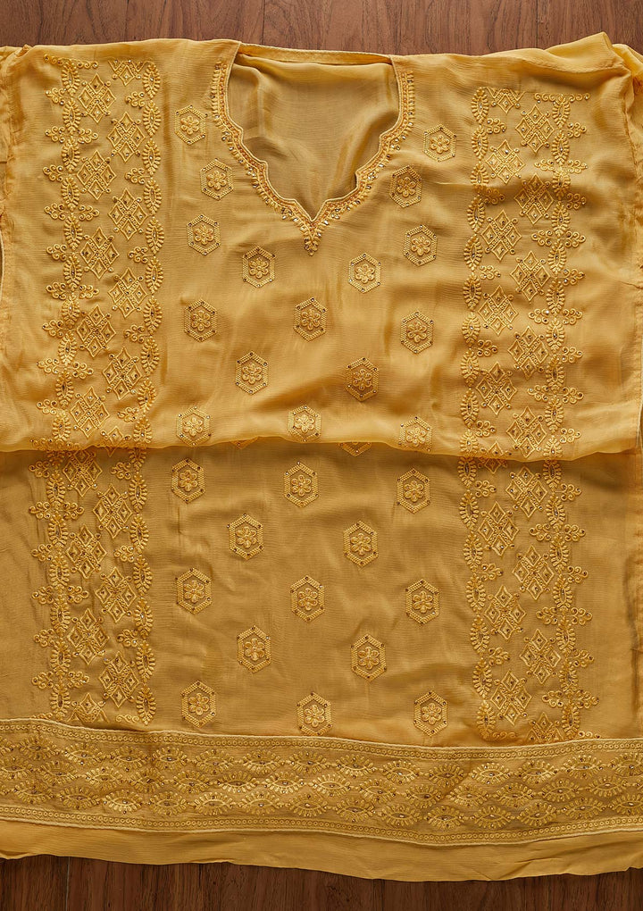Yellow Pearlwork Chiffon Designer Unstitched Salwar Suit - Koskii
