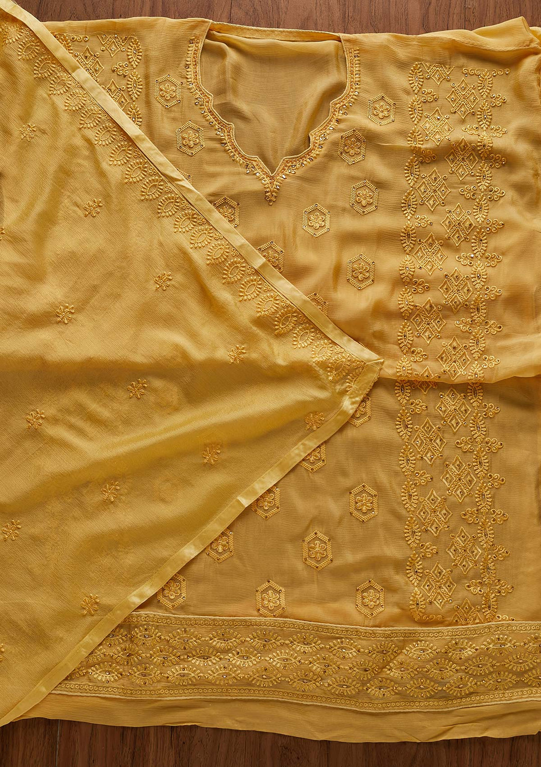 Yellow Pearlwork Chiffon Designer Unstitched Salwar Suit - Koskii