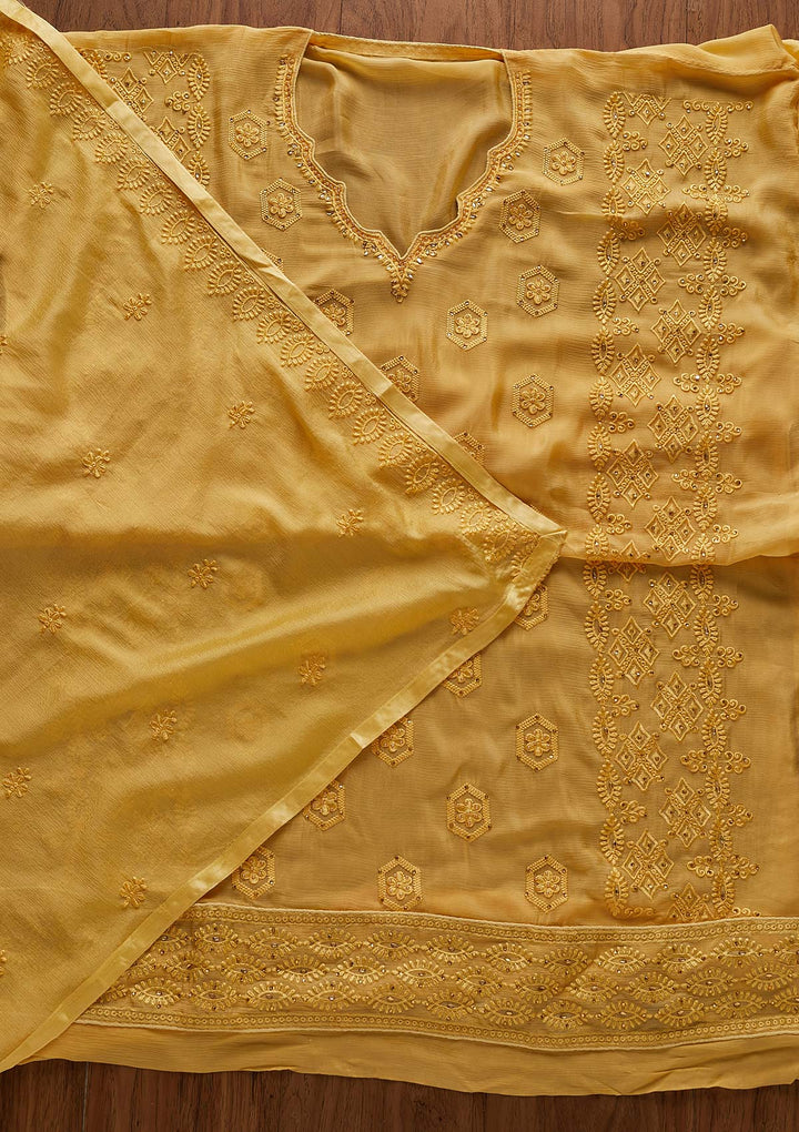 Yellow Pearlwork Chiffon Designer Unstitched Salwar Suit - Koskii