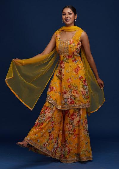 Yellow Print Georgette Designer Salwar Suit - Koskii