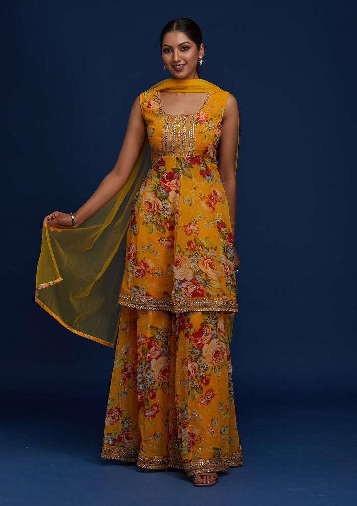 Yellow Print Georgette Designer Salwar Suit - Koskii