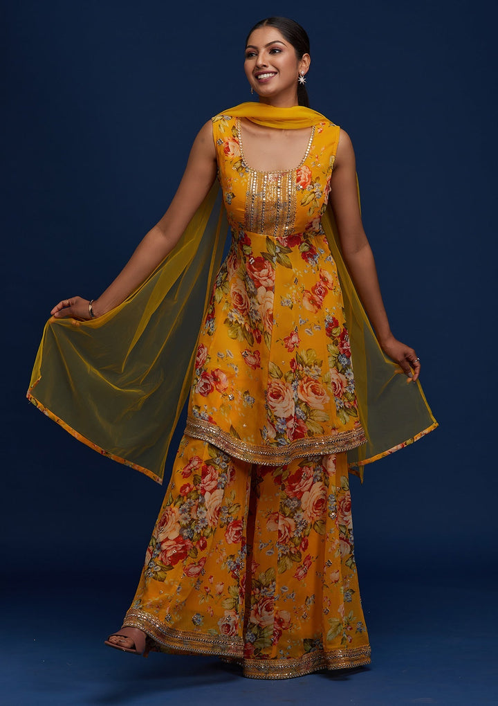 Yellow Print Georgette Designer Salwar Suit - Koskii